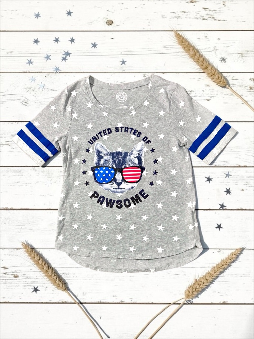 SO Girls “United States of Pawsome” Patriotic Cat Tee Size 14 EUC